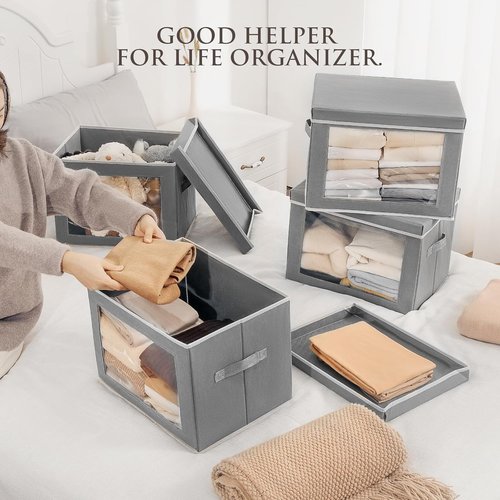 Homsorout Stackable Storage Bins - Large Fabric Organizer Baskets with Lids, 5-Pack, Grey