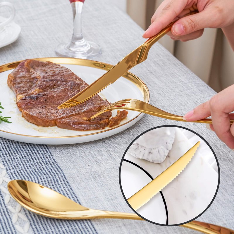 Joincook 24 Pieces Gold Silverware Set with Steak Knives Service for 4,Modern 18/10 Stainless Steel Flatware Cutlery Set,Utensil Set for Home Restaurant Hotel,Mirror Polished,Dishwasher Safe