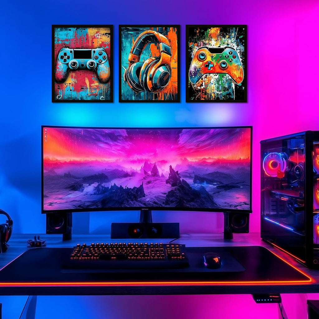 Skiennix Framed Gaming Wall Art - Neon Watercolor Graffiti Gamepad Decor | 8x10in, Set of 3