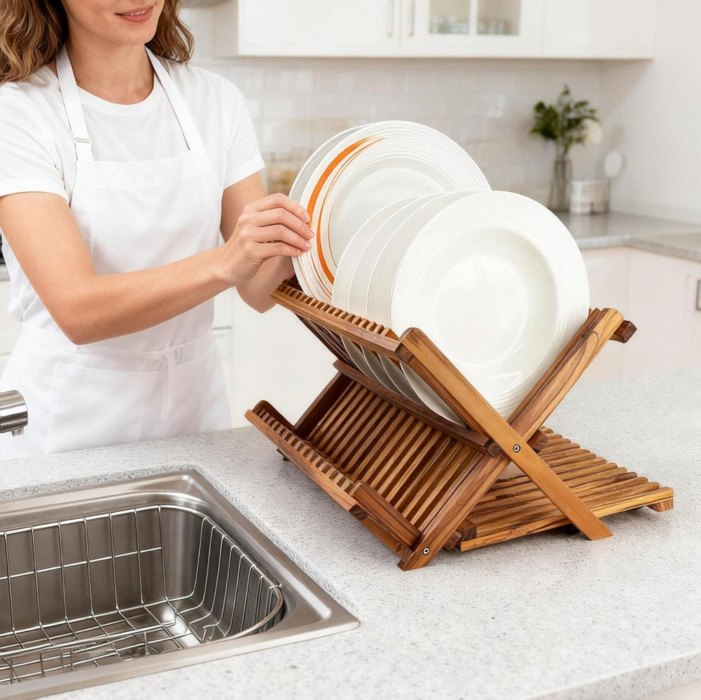 Utoplike Teak Dish Drying Rack - Large 3-Tier Collapsible Kitchen Organizer for Plates & Cups