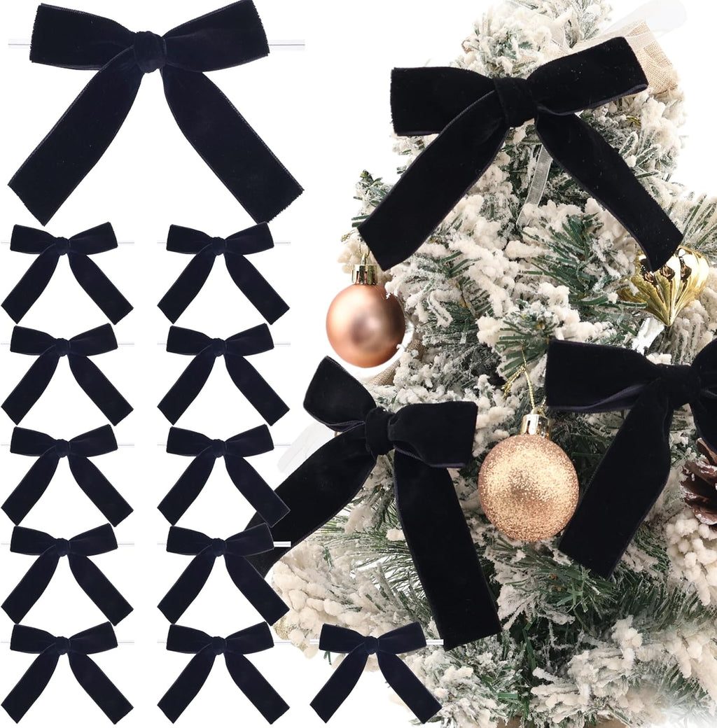 Velvet Bows 12 PCS | Premade Christmas Bows for Trees, Wreaths, Gifts - Elegant Black Decor