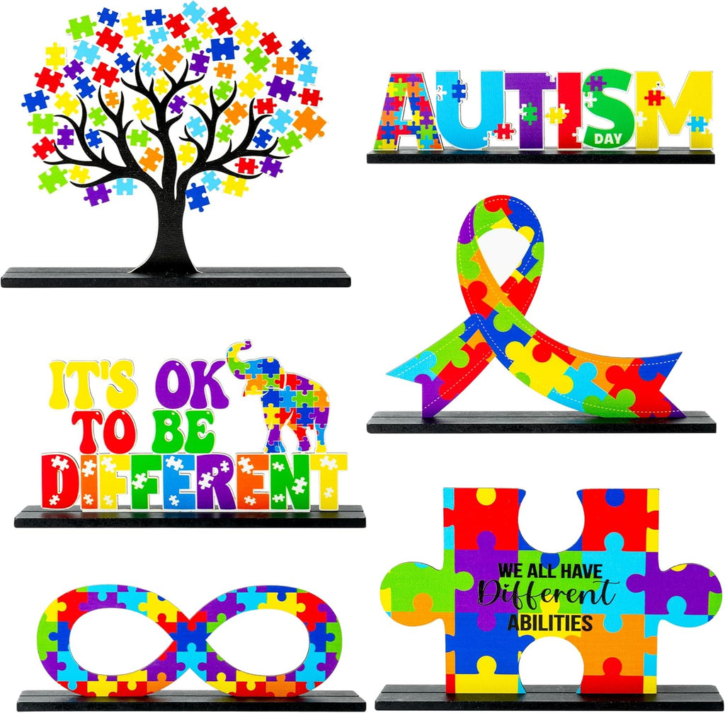 Skiennix 6Pcs Autism Awareness Wood Tiered Tray Centerpieces - Inspirational Puzzle Piece Decor