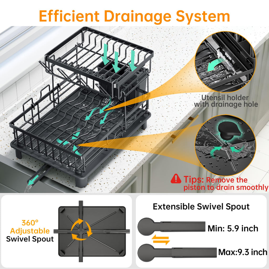 IMXSUMDA Dish Drying Rack, 2 Tier Dish Racks for Kitchen Counter, Compact Drying Rack Kitchen, Rust-Resistant Dish Drainer, Detachable Space-Saving Dish Rack with Drainboard, Utensil Holder, Black