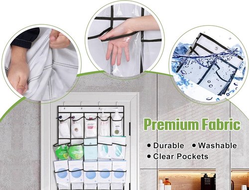 MISSLO Over The Door Shoe Organizer - 35 Clear Large Pockets, Sturdy Oxford Fabric, White