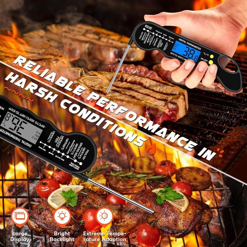 Instant Read Meat Thermometer - Fast, Accurate Digital Cooking Thermometer with Magnet & Backlight (Black)