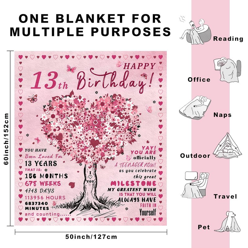 13th Birthday Gifts for Girls Throw Blanket 60"x50", Birthday Gifts for 13 Year Old Girls, Best Presents for 13 Year Old Girl, Official Teenage 13 Gift Ideas for Her, Bday Gift for Teen Girl Age 13
