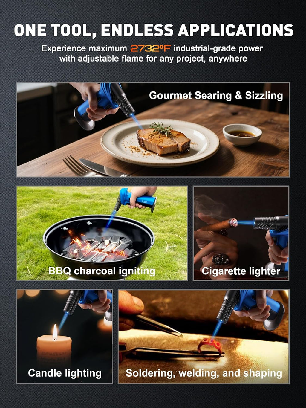 SMART JERRY Mini Torch Gun - Windproof Butane Lighter with Safety Lock | Adjustable 1500℃ Flame for Cooking, BBQ, and Soldering