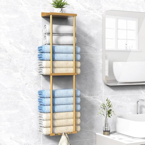 Liuoud Towel Rack - Wall Mounted Vertical Towel Storage Organizer with Shelf | Holds 6 Large Bath Sheets, Gold