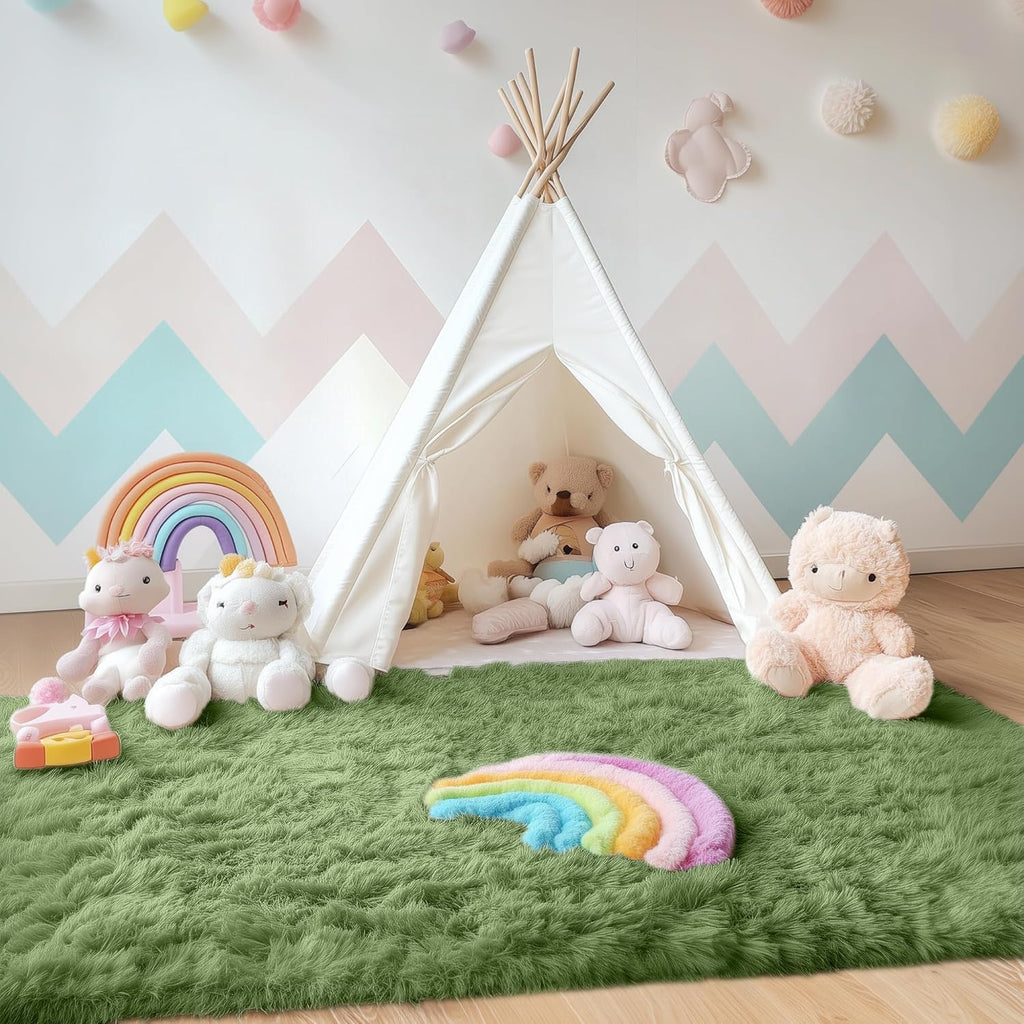 OLANLY Area Rug - Soft Fluffy Shaggy Design | Machine Washable 4x5.9 ft - Ideal for Living Room, Bedroom & Nursery Decor in Green