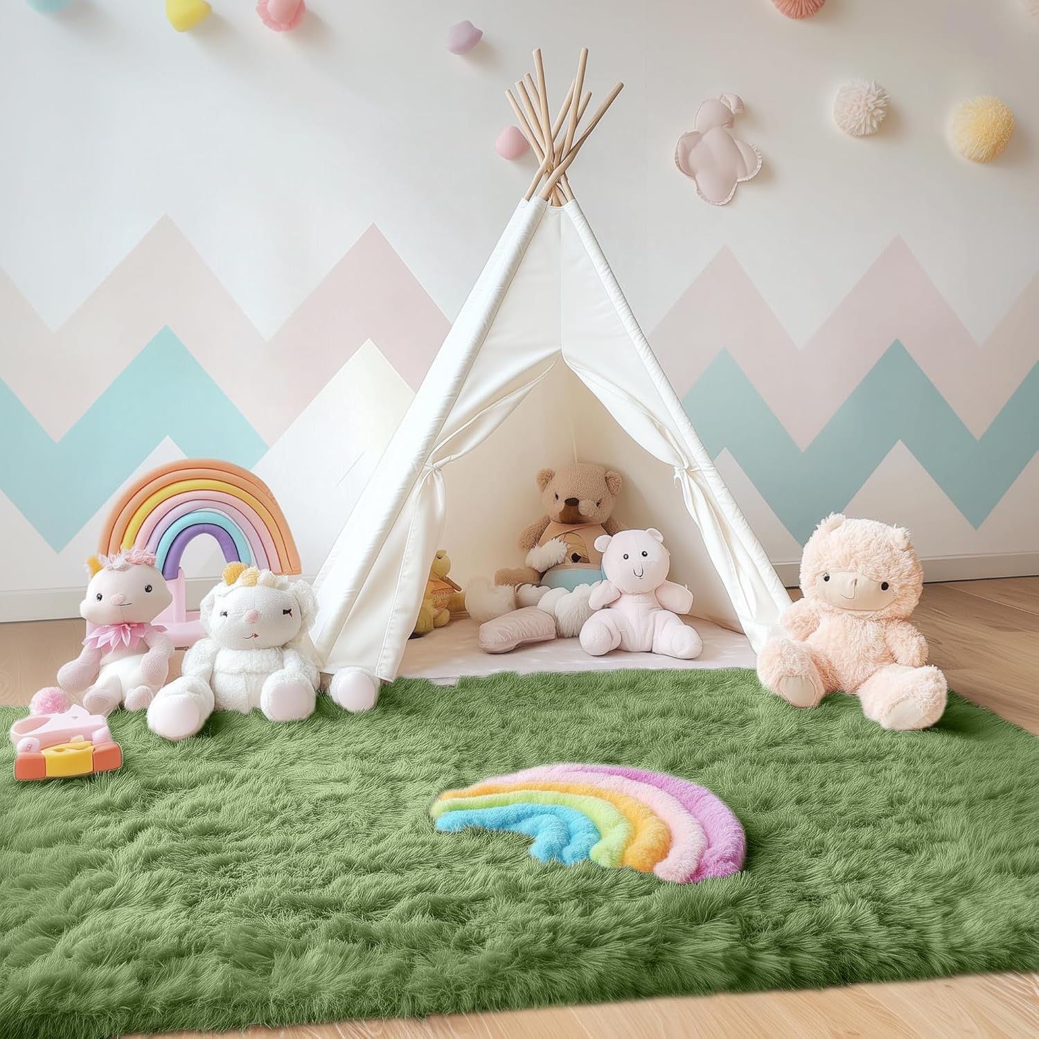 OLANLY Area Rug - Soft Fluffy Shaggy Design | Machine Washable 4x5.9 ft - Ideal for Living Room, Bedroom & Nursery Decor in Green