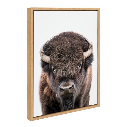 Kate and Laurel Sylvie Bison Portrait Framed Canvas Wall Art by Amy Peterson Art Studio; 18x24 Natural; Modern Animal Portrait Art for Wall