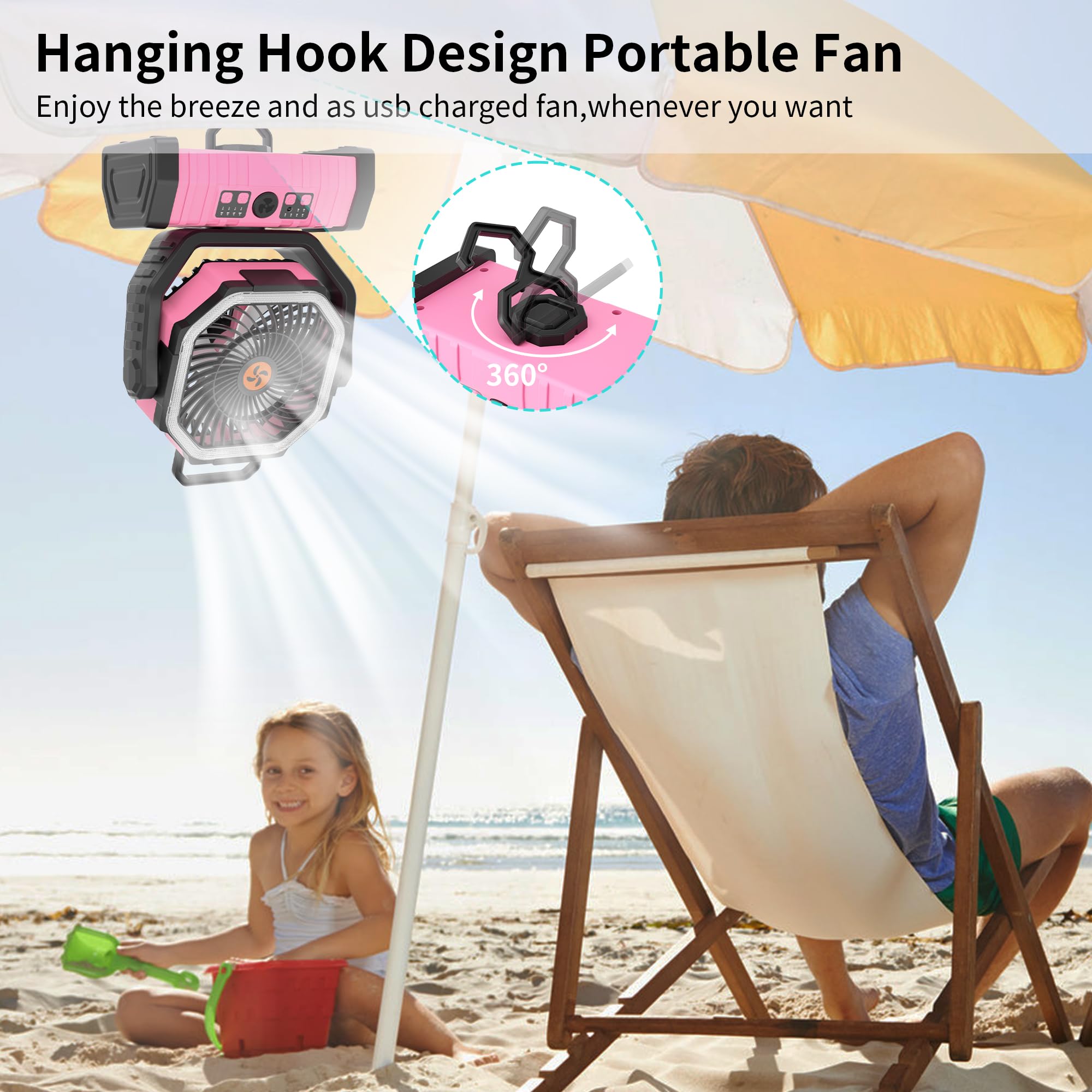 TDLOL 20000mAh Camping Fan Battery Operated Fans Portable,Portable Rechargeable Battery Powered Fan with LED Light,360°Oscillating & 8H Timer Camping Essentials Fans with Hook pink fan