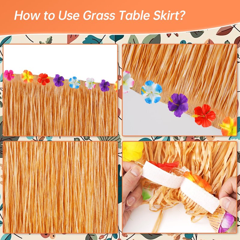 Hawaiian Luau Party Decorations Set - Tropical Grass Table Skirt With Palm Leaves and Flowers for Beach Summer BBQ Tikki Bar Theme Party
