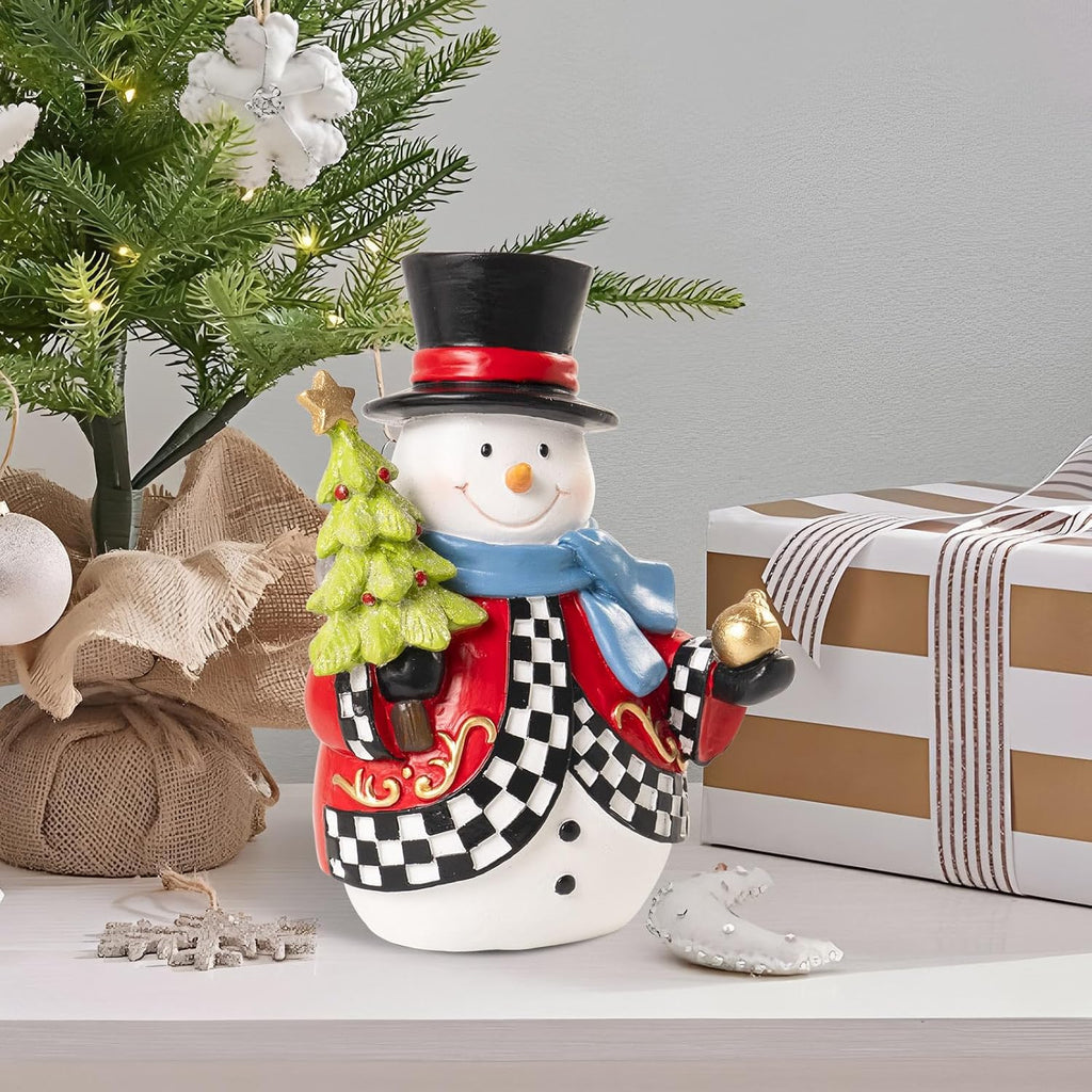 Snowman Figurines | 7.1x4.9 Inch Resin Black & White Checkered Christmas Decor for Home