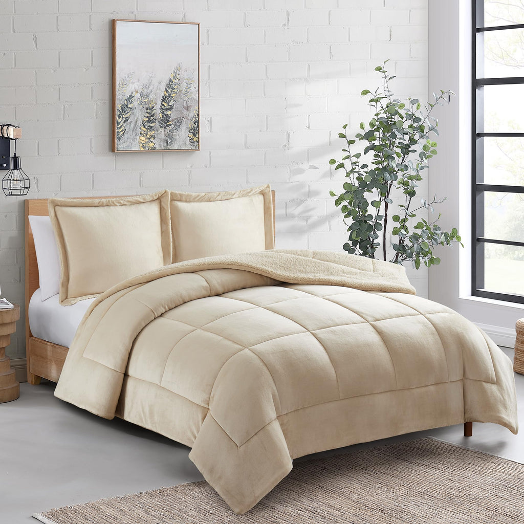 King 3 Piece Sherpa Comforter Set - Plush Bedding Ensemble with Soft Sherpa Texture and Coordinated Shams for Supreme Bedroom Comfort, King, Beige