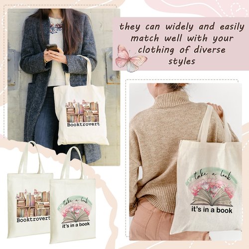 Sweetude 8 Pcs Book Lovers Club Gifts Bulk Canvas Tote Bags Bookish Librarian Reader Gift for Women Teacher(Book,Flower)