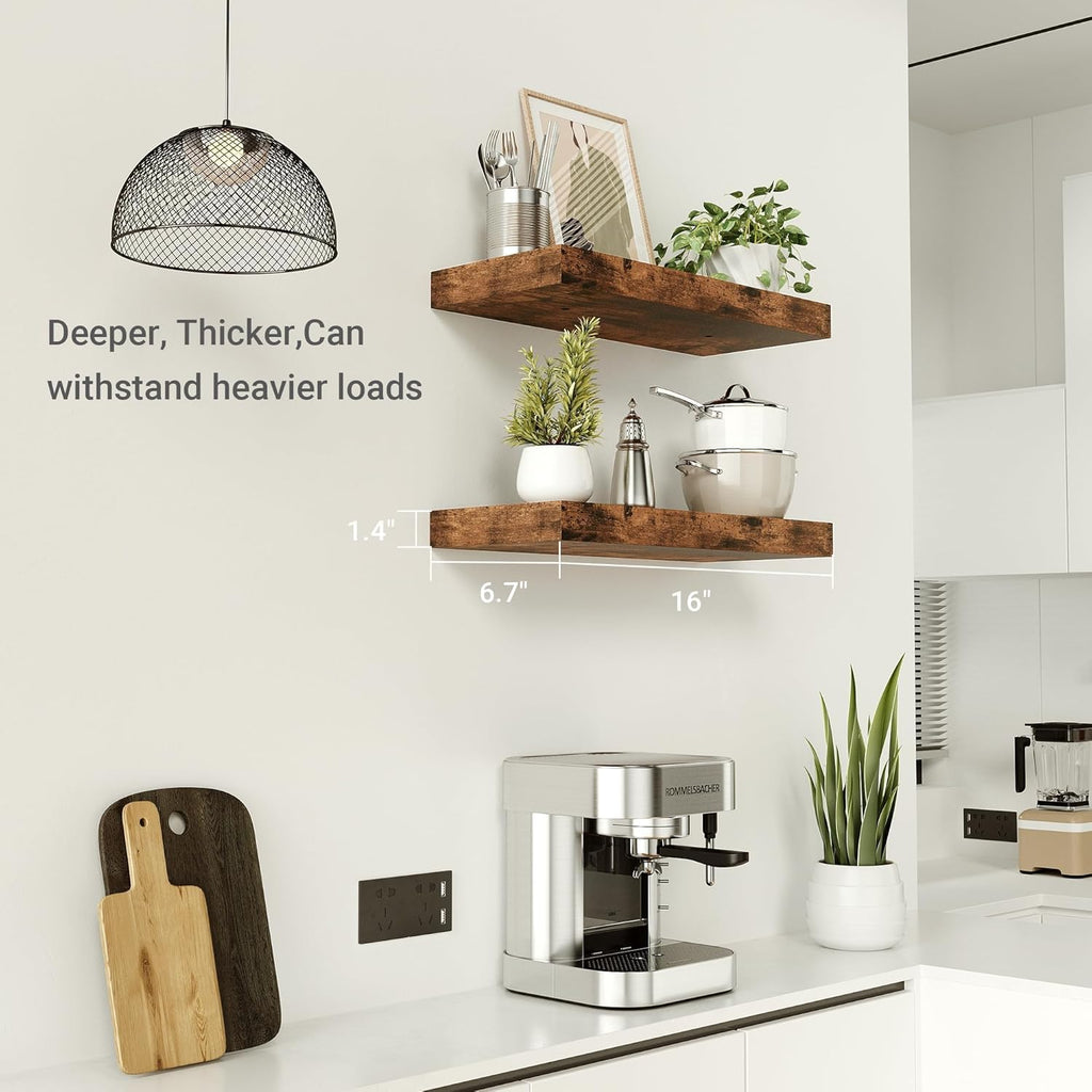 Vivelove Floating Wall Shelves - 16-Inch Rustic Brown Display Shelves with Invisible Brackets | Set of 2 for Home Decor