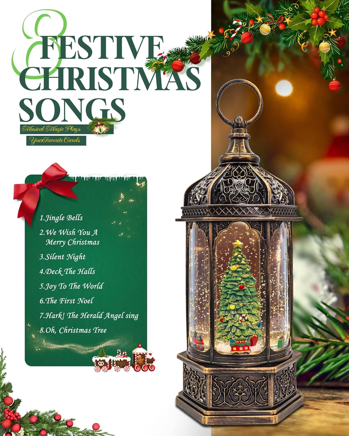 Musical Christmas Tree Snow Globe - Rotating Trains with Timer | 12.7'' Decorative Music Box