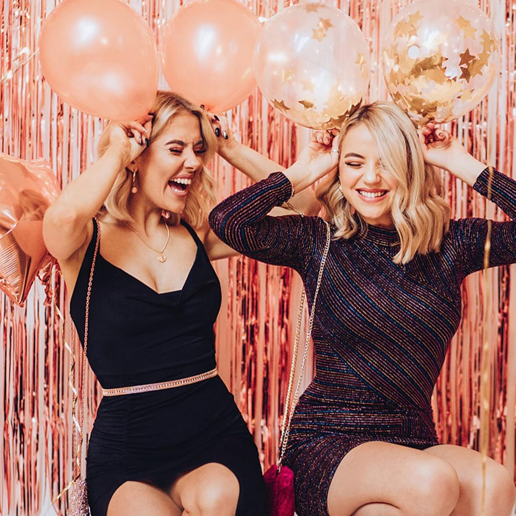 Rose Gold Foil Curtain Backdrop by [Brand Name] - 10 Pack Metallic Tinsel Fringe for Parties & Events