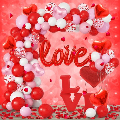 Amandir 263PCS Valentine's Day Balloon Arch Kit - Foil & Latex Heart Balloons in Red, Pink, White