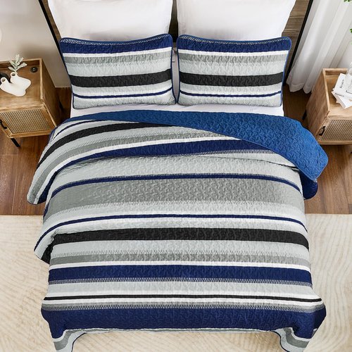 WONGS BEDDING Quilts Queen Size, Navy Blue Quilt Bedspread Bedding Set, Summer Queen Coverlet Sets with Shams, 3 Pieces Lightweight Striped Quilt for Bed(96"x 90")