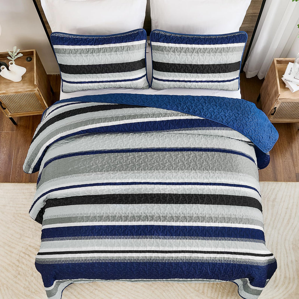 WONGS BEDDING Quilts Queen Size, Navy Blue Quilt Bedspread Bedding Set, Summer Queen Coverlet Sets with Shams, 3 Pieces Lightweight Striped Quilt for Bed(96"x 90")