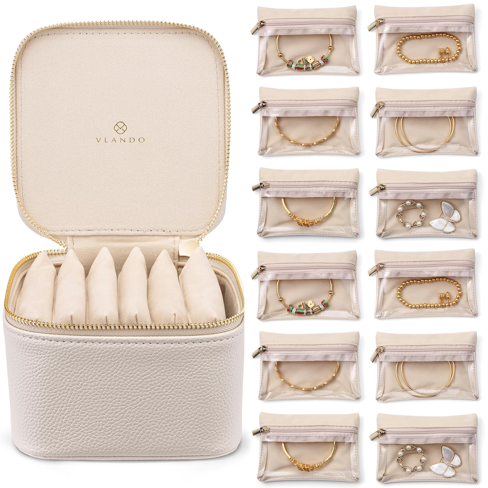 Vlando Small Jewelry Box Organizer,Travel Jewelry Storage with 6 Velvet Jewelry Zipper Pockets,Premium Petal Hardware Jewelry Case for Women Girls Valentines Day Gifts for Self