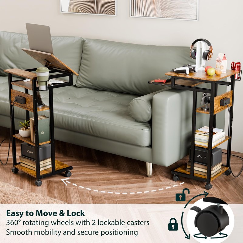 ZIFTY Couch Table with Charging Station and Storage Shelves 360°Swivel End Table with Shelves and Wheels C Shaped End Table for Laptops Tv Tray Side Table for Living Room Bedroom Rustic