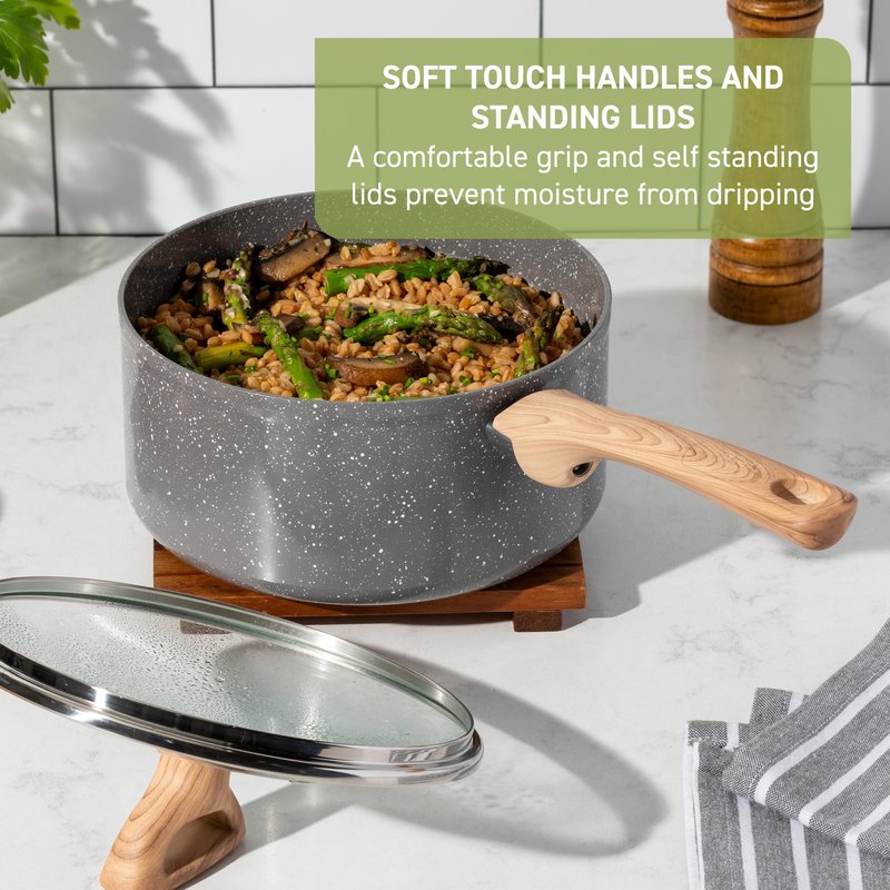 T-Fal Revive Ceramic Nonstick Sauce Pan with Lid, 3 Qt, Oven Safe to 350°F Cookware,with Stay-Cool Handle, Stone Grey