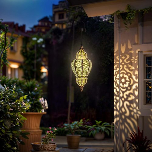Hapjoy Moroccan Solar Lanterns - Waterproof Outdoor Garden Decor | Bidirectional Gold Design (1, Gold)
