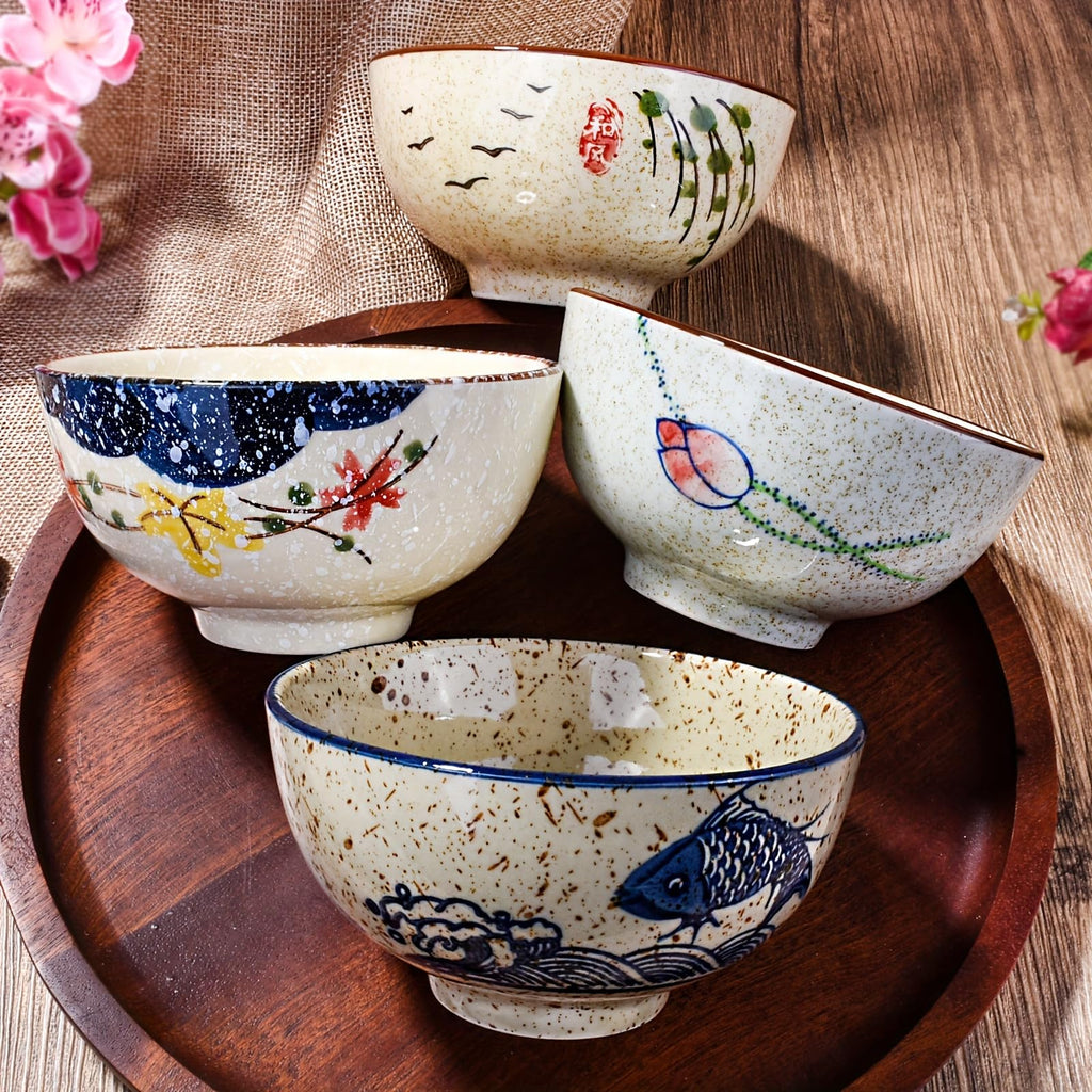 Whitenesser Japanese Retro Rice Bowls Set of 4 Hand-Painted Floral Design Ceramic Soup Sushi Bowls Small Cute Bowls