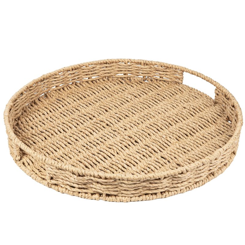 Round Ottoman Tray Large Wicker Serving Tray with Handles for Coffee Table, 20 Inch Handwoven Natural Water Hyacinth Tray Scalloped Edges