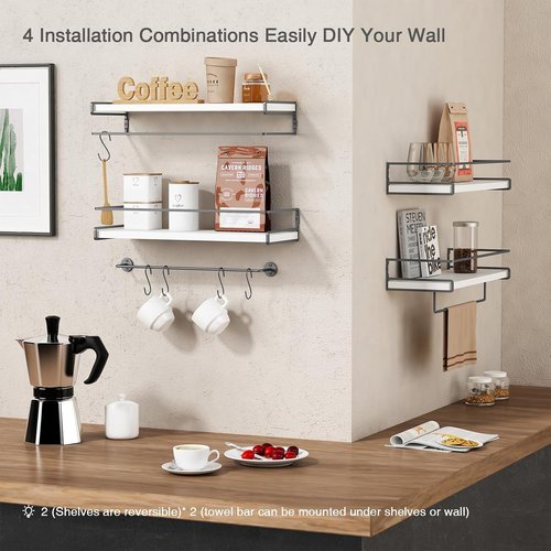 Forbena Floating Bathroom Shelves - Wall Mounted Organizer with Towel Rack | Set of 2 (White-Dark Grey)