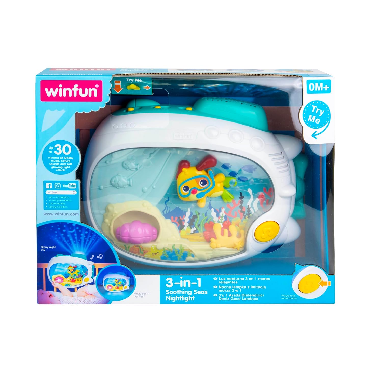 Winfun 3-in-1 Soothing Seas Nightlight - Musical Projector with Calming Lullabies for Babies | Crib or Tabletop Attachment