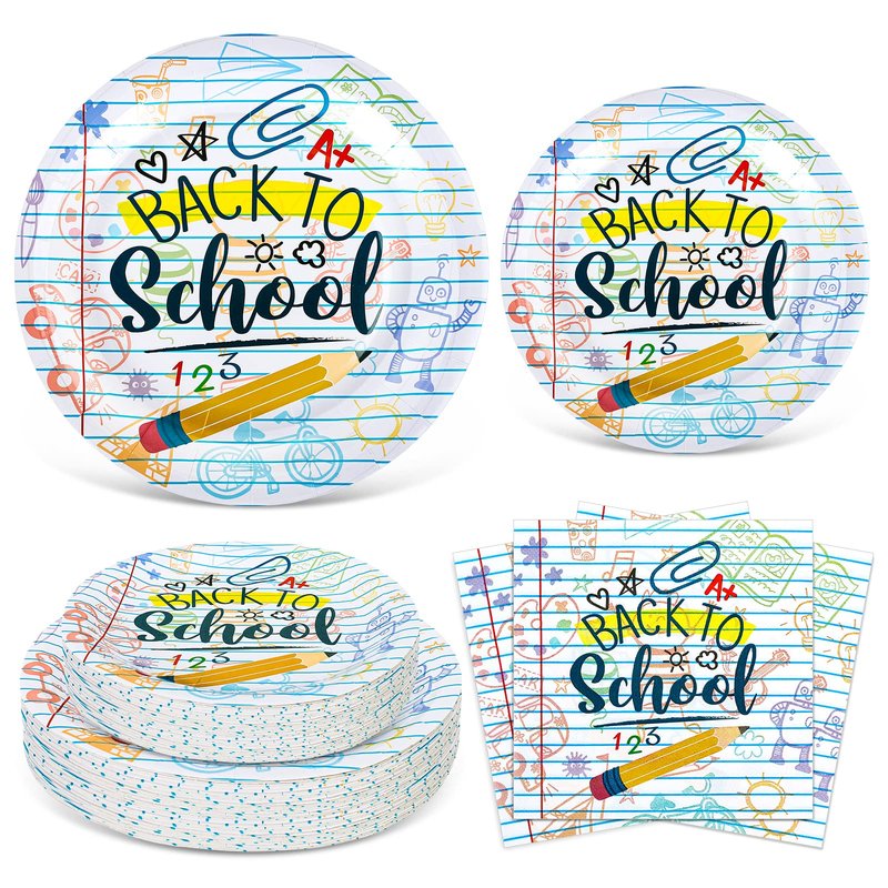 Whaline 75Pcs Back to School Tableware Set Homework Pencil Prints Disposable Dinnerware Set 50Pcs Paper Plates 25Pcs Lunch Napkins for First Day of School Party Supplies Decorations