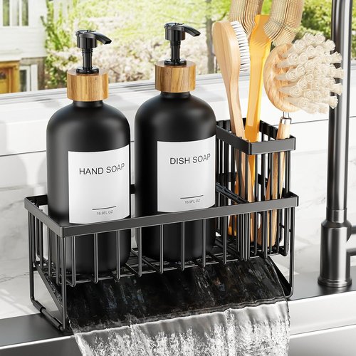 Cisily Dish Soap Dispenser Set - Vintage Black Glass Bottles with Adjustable Sponge Holder | 2 Pack, 16.9oz