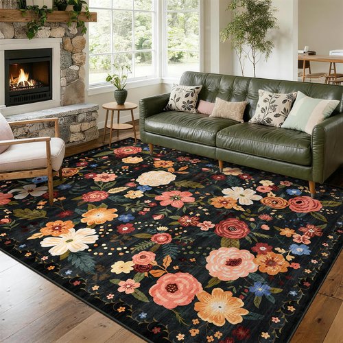 8x10 Washable Area Rug for Living Room, Floral Non-Slip Non-Shedding & Easy Care Black Green Large Soft Low Pile Indoor Floor Carpet for Living Room Bedroom Farmhouse Dining Room Kids Playroom