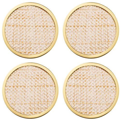 Lilly Pulitzer Gold and Raffia Coasters for Drinks with Holder, Cute Coaster Set of 4, Decorative Coasters for Coffee Table Protection, Raffia