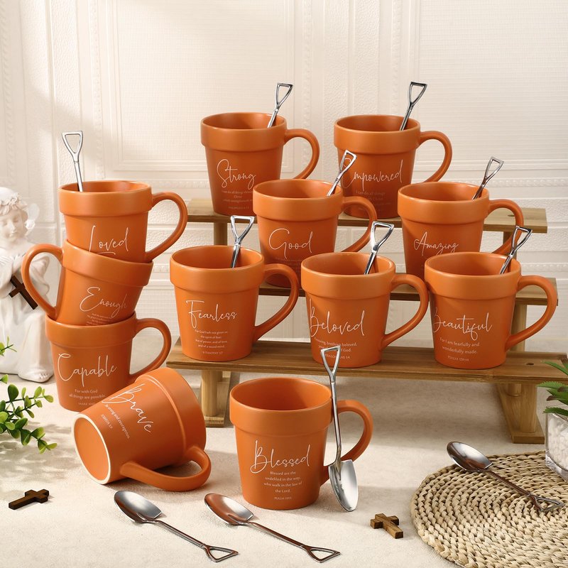 Reallnaive 12 Pcs Mother's Day Christian Gifts for Women 11oz Flowerpot Bible Verse Coffee Mugs with Shovel Spoons Bulk Religious Gifts for Mom Grandma Church Pastor Sunday School Teacher Team(Pray)