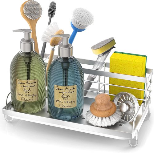 Cisily Kitchen Sink Caddy Organizer - Rustproof Non-Slip Soap Dish & Sponge Holder | Silver Finish
