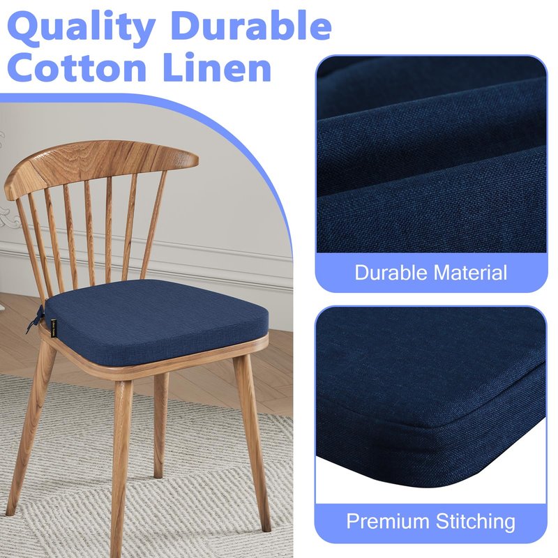 idee-home Chair Cushions for Dining Chairs, Kitchen Chair Pads Set of 6, U-Shaped Seat Cushions with Ties Non-Slip Bottom for Indoor Dining Room, Removable Cover, 17" x 16" x 2" Navy
