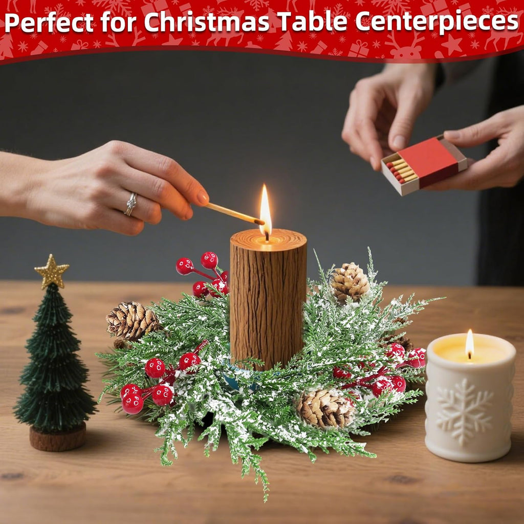 Skiennix 4 Pack Flocked Mini Christmas Wreath Candle Rings - 9"x3.5" Snowy Cypress Decor with Red Berries & Pinecones
