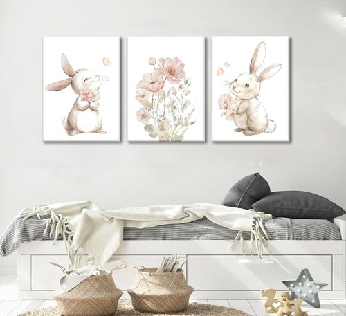 Grengel Pink Girl Nursery Bunny Canvas Wall Art - Cute Rabbit & Wildflowers Decor for Baby Rooms