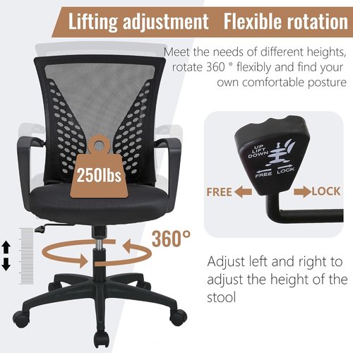 FDW Home Office Chair - Ergonomic Mid Back Swivel Desk Chair with Lumbar Support | Adjustable Mesh Armrest (Black)