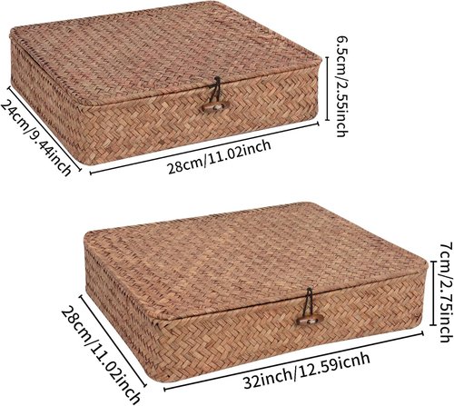 Moosky Flat Wicker Shelf Baskets - Handwoven Seagrass Storage Bins with Lid | Set of 2, Coffee Color