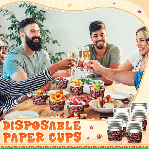 Potchen 50 Pack 9 oz Mexican Paper Bowls Mexican Themed Paper Cups Fiesta Flower Disposable Soup Bowls Snack Cups Plates Cinco De Mayo Party Supplies for Taco Dessert Hot or Cold Food
