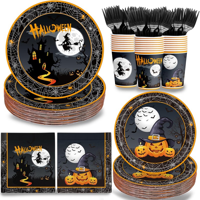 Yavxzvbw 120Pcs Halloween Paper Plates and Napkins Set Halloween Party Decorations Supplies Disposable Utensils with Cups Forks for Witch Spooky Adults Party Serves 24