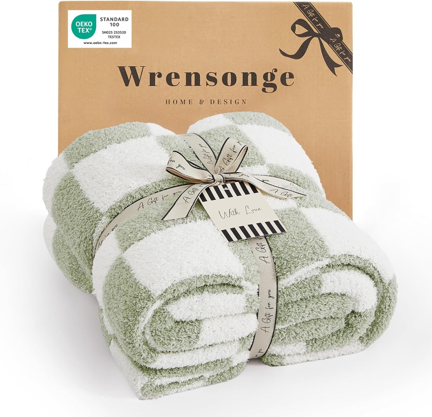 WRENSONGE Checkered Throw Blanket - Soft Sage Green Cozy Fluffy Design | Lightweight for Couch & Travel