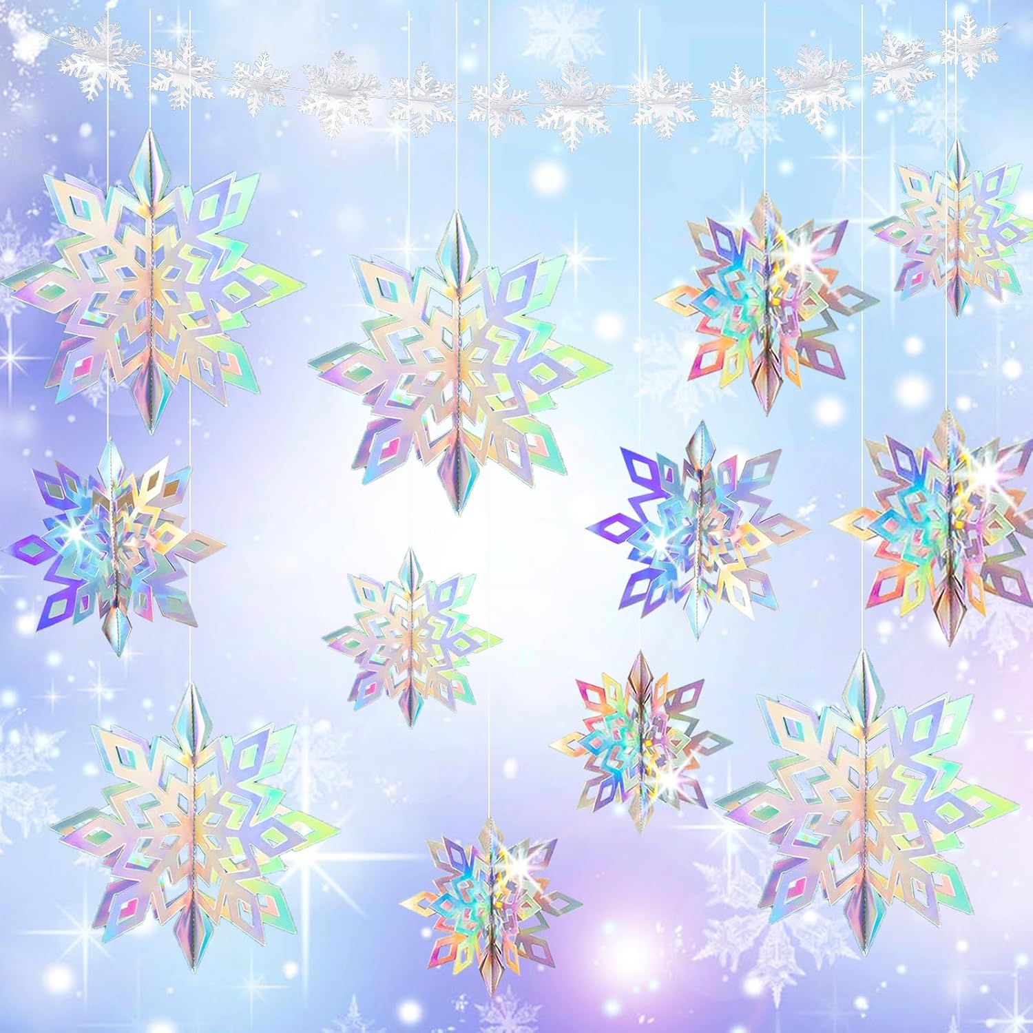 Skiennix 24 PCS Snowflake Christmas Hanging Decor - 12 Glittery & 12 White Paper Snowflakes for Winter Holiday Parties