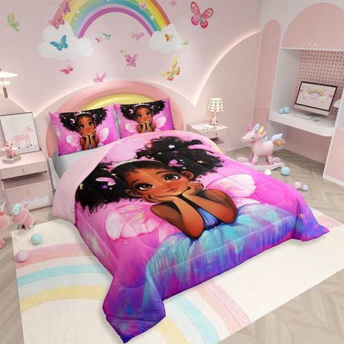 Erosebridal Black Girls Princess with Wings Comforter Set,Pink Gradient Rainbow Galaxy Kids Bedding Set for All Season-3 Pieces Duvet Insert Queen Size with 2 Pillowcases